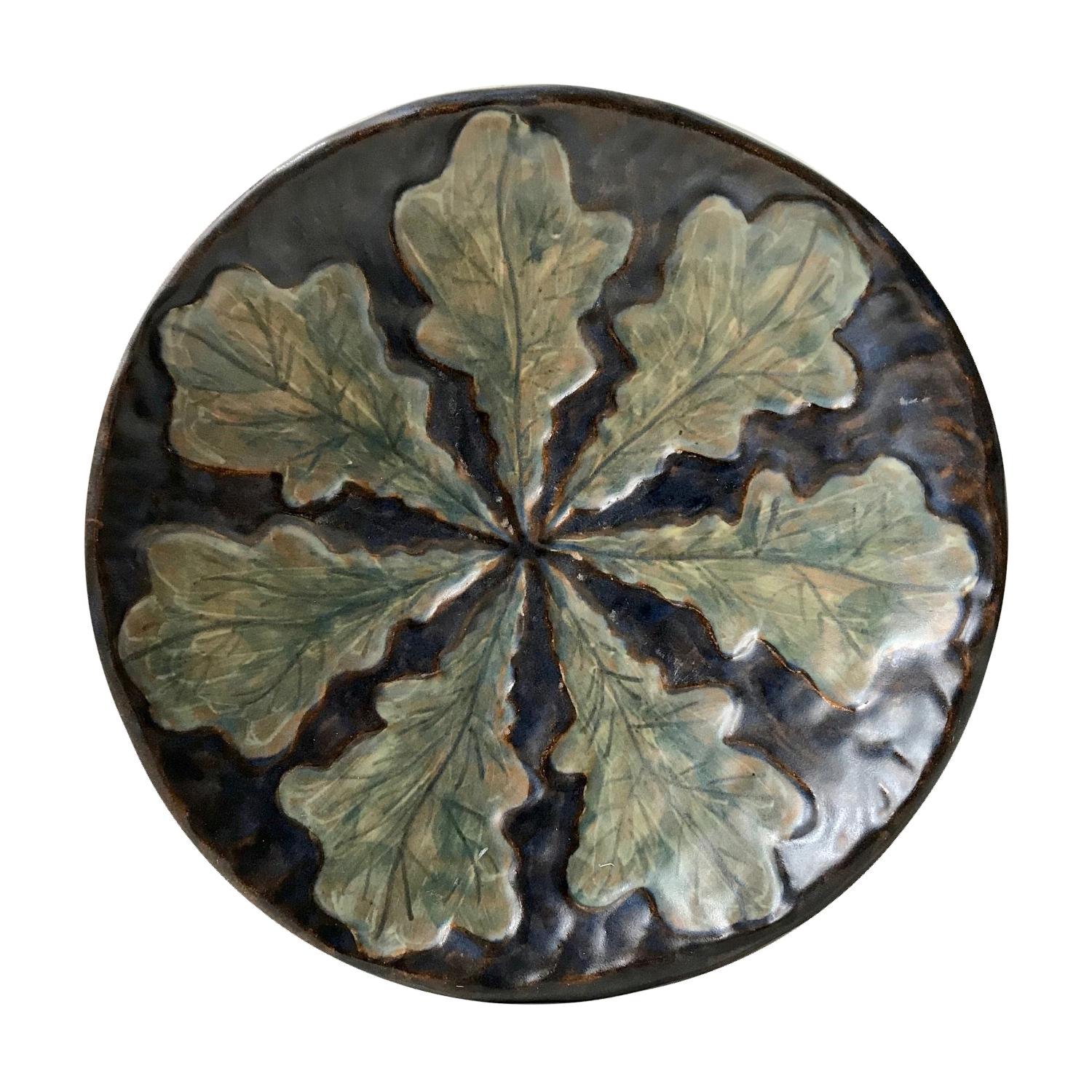 Art Deco Glazed Stoneware Dish with Leaves, Emil Ruge, 1930s For Sale