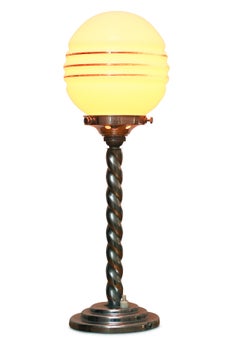 Art Deco Globular Milk Glass Chrome Table Lamp With Barley Twist Stem 1920's