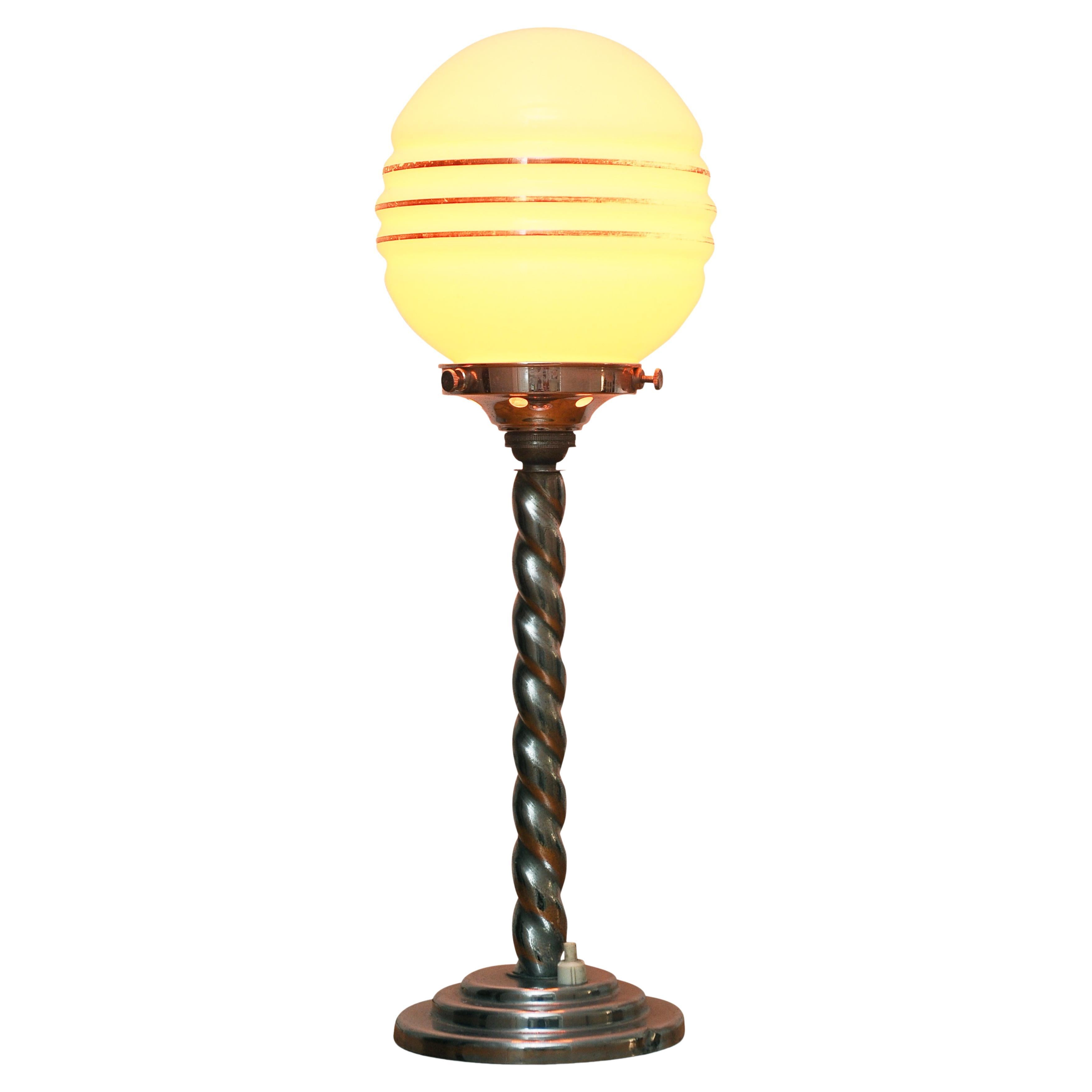 Art Deco Globular Milk Glass Chrome Table Lamp With Barley Twist Stem 1920's