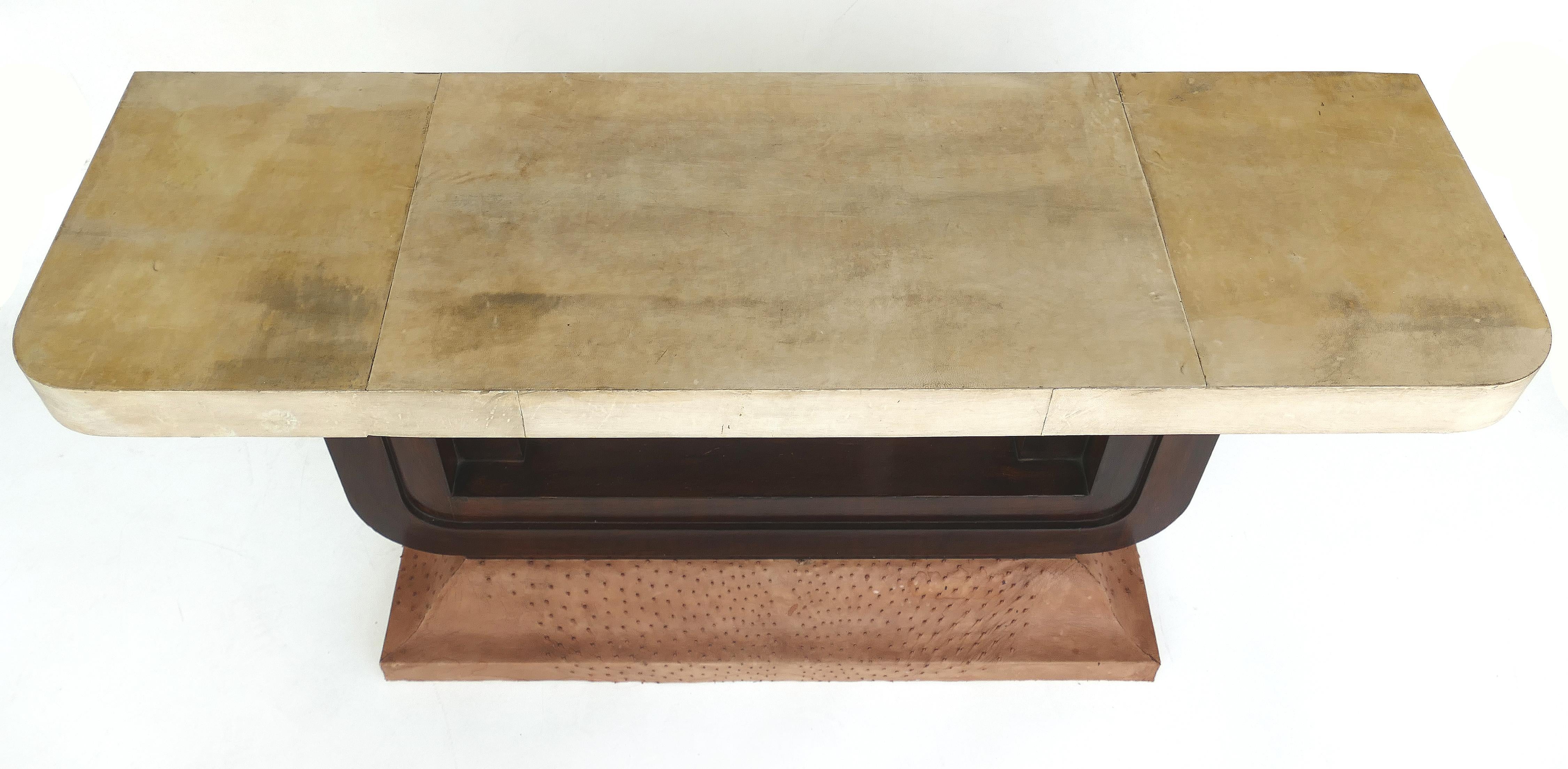 Brazilian Art Deco Goatskin and Ostrich Clad Console Tables, Pair