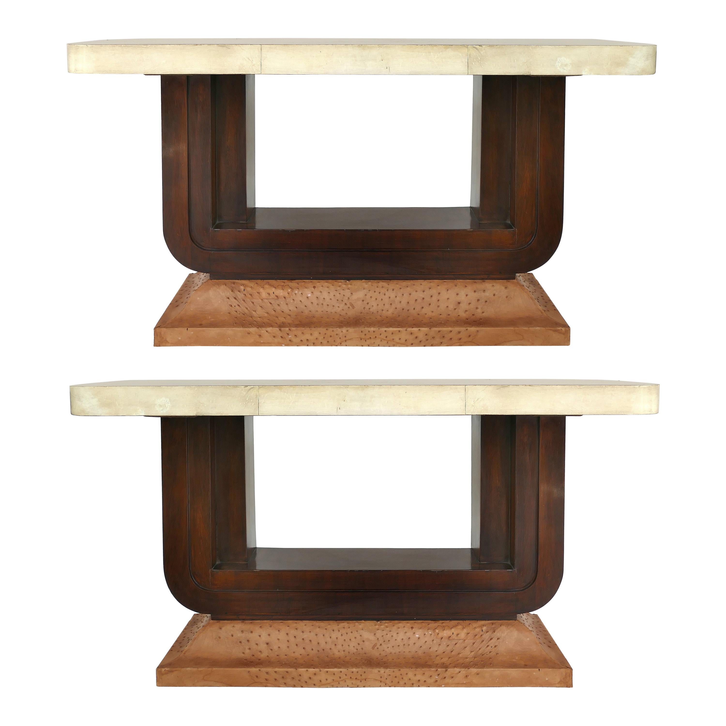 Art Deco Goatskin and Ostrich Clad Console Tables, Pair