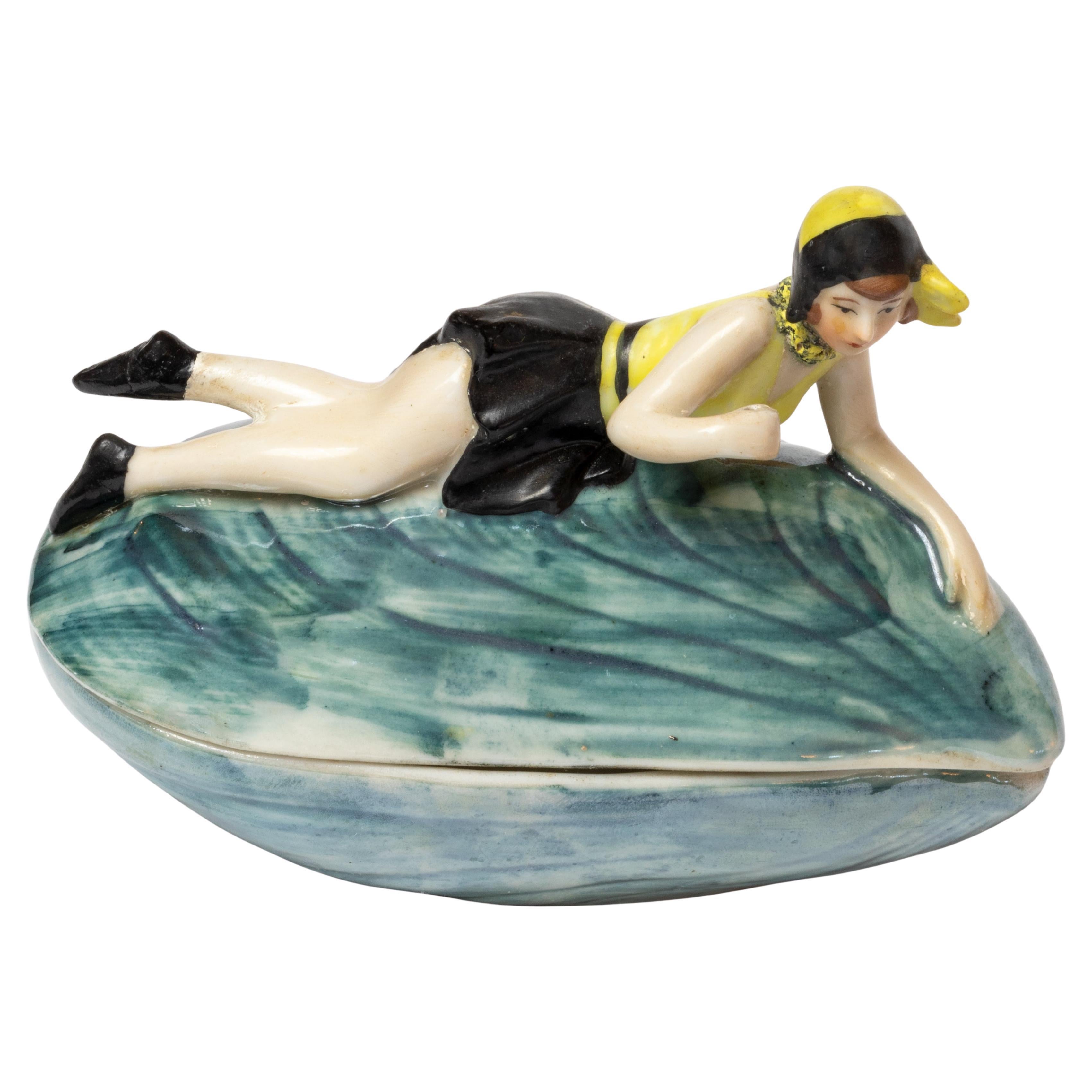 Art Deco Goebel Powder Box, Bathing Lady on Mussel Shell, Pin Up For Sale