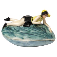 Art Deco Goebel Powder Box, Bathing Lady on Mussel Shell, Pin Up