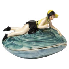 Art Deco Goebel Powder Box, Bathing Lady on Mussel Shell, Pin Up