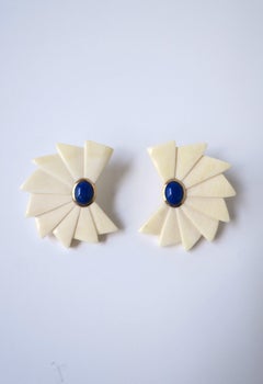 Art Deco Gold and Blue Lapis Earrings, 1980s 1990s