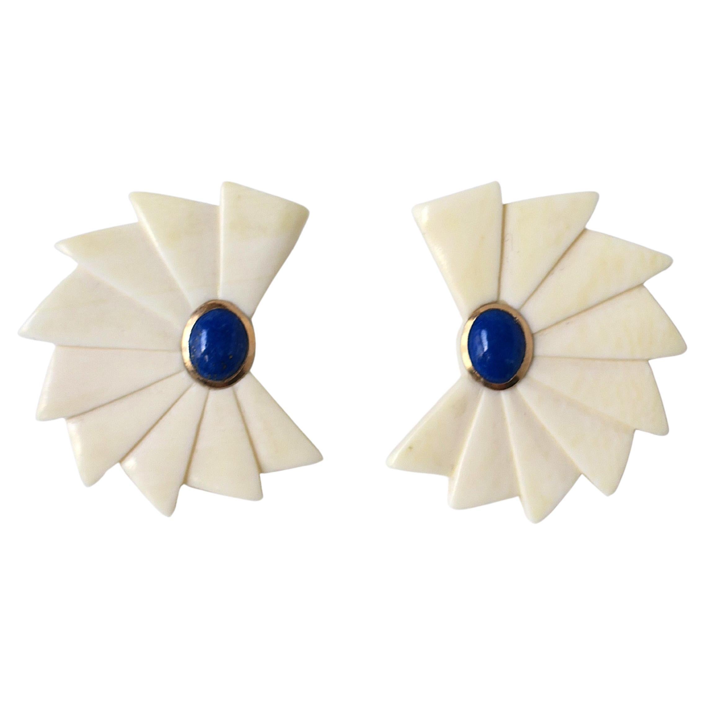 Orecchini Art Deco in oro e lapis blu, anni '80-'90 in vendita