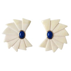 Orecchini Art Deco in oro e lapis blu, anni '80-'90