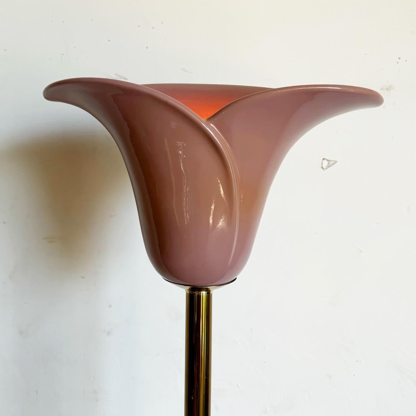 American Art Deco Gold and Ceramic Lavender Tulip Floor Lamp For Sale