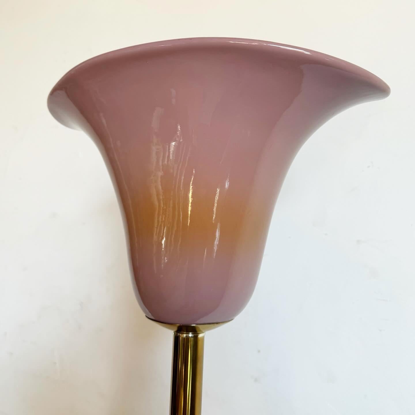 Art Deco Gold and Ceramic Lavender Tulip Floor Lamp In Good Condition For Sale In Delray Beach, FL