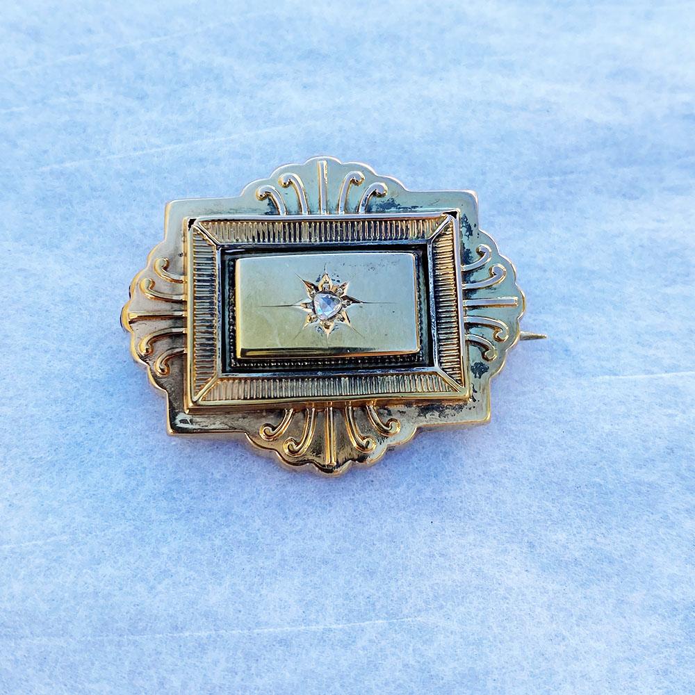 Art Deco Gold and Diamond Brooch Pin Yellow Gold
Circa mid-1800's Victorian measures 1-1/2 x 1-1/4 