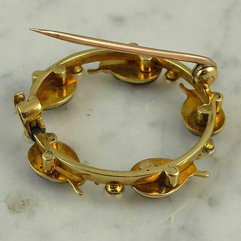 Art Deco Gold and Enamel Brooch, Ladybirds and Pearls, 15 Karat Gold 2