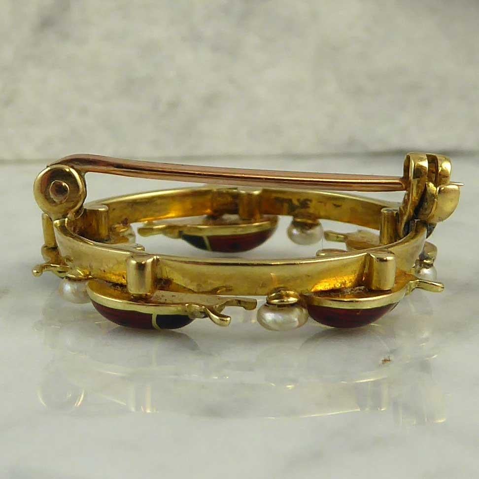 Art Deco Gold and Enamel Brooch, Ladybirds and Pearls, 15 Karat Gold 3
