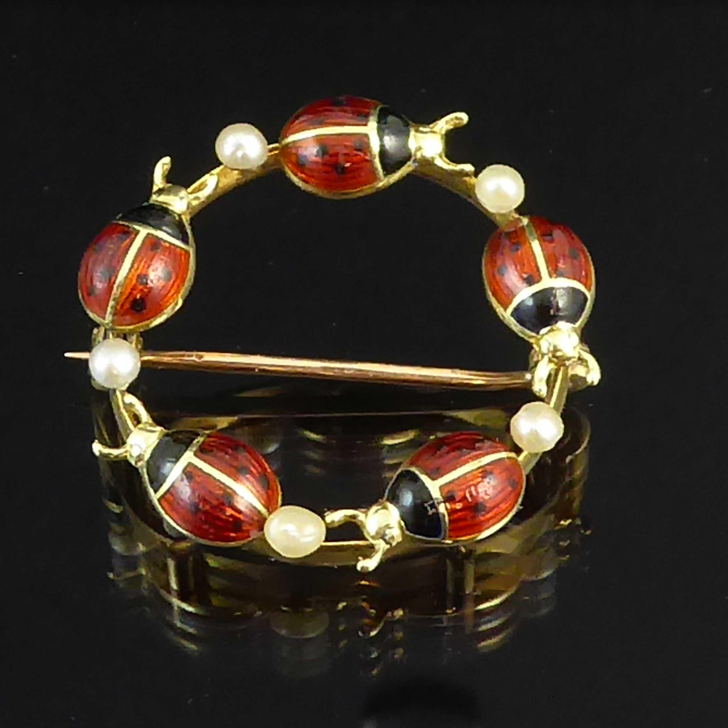 Art Deco Gold and Enamel Brooch, Ladybirds and Pearls, 15 Karat Gold 4