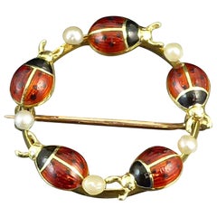 Art Deco Gold and Enamel Brooch, Ladybirds and Pearls, 15 Karat Gold