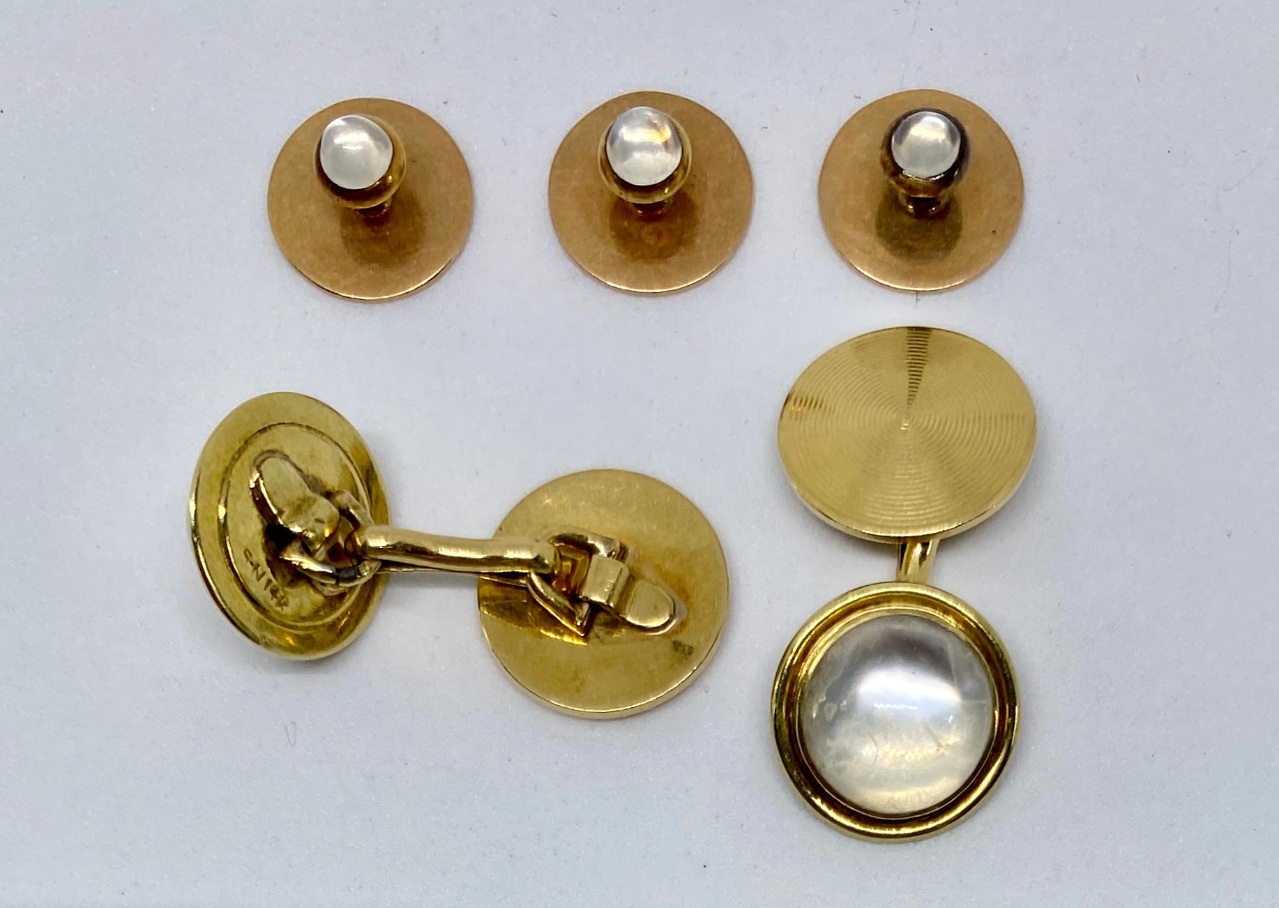 Cabochon Art Deco Gold and Moonstone Cufflinks Dress Set by Sansbury & Nellis  For Sale