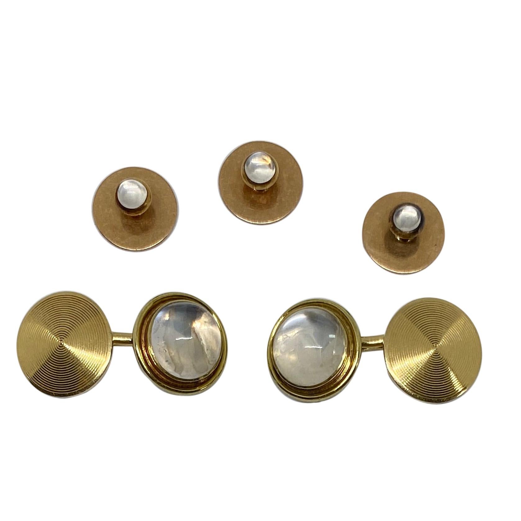 Art Deco Gold and Moonstone Cufflinks Dress Set by Sansbury & Nellis  For Sale