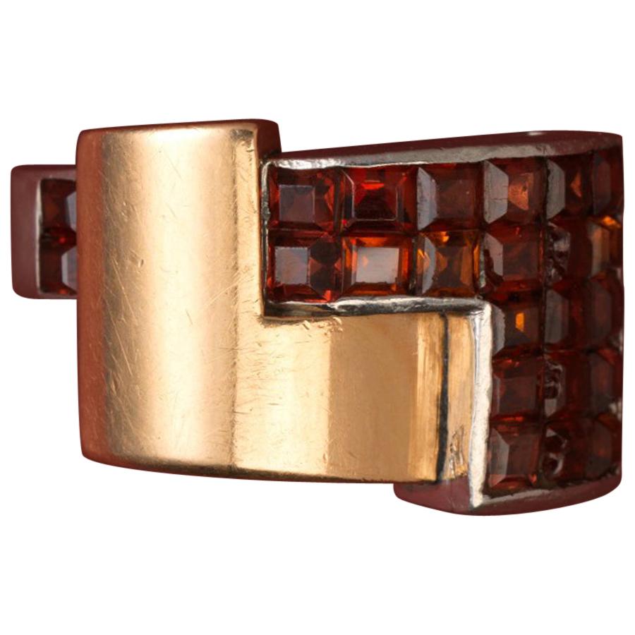 Art Deco Gold and Platinum and Invisibly Set Garnet Ring