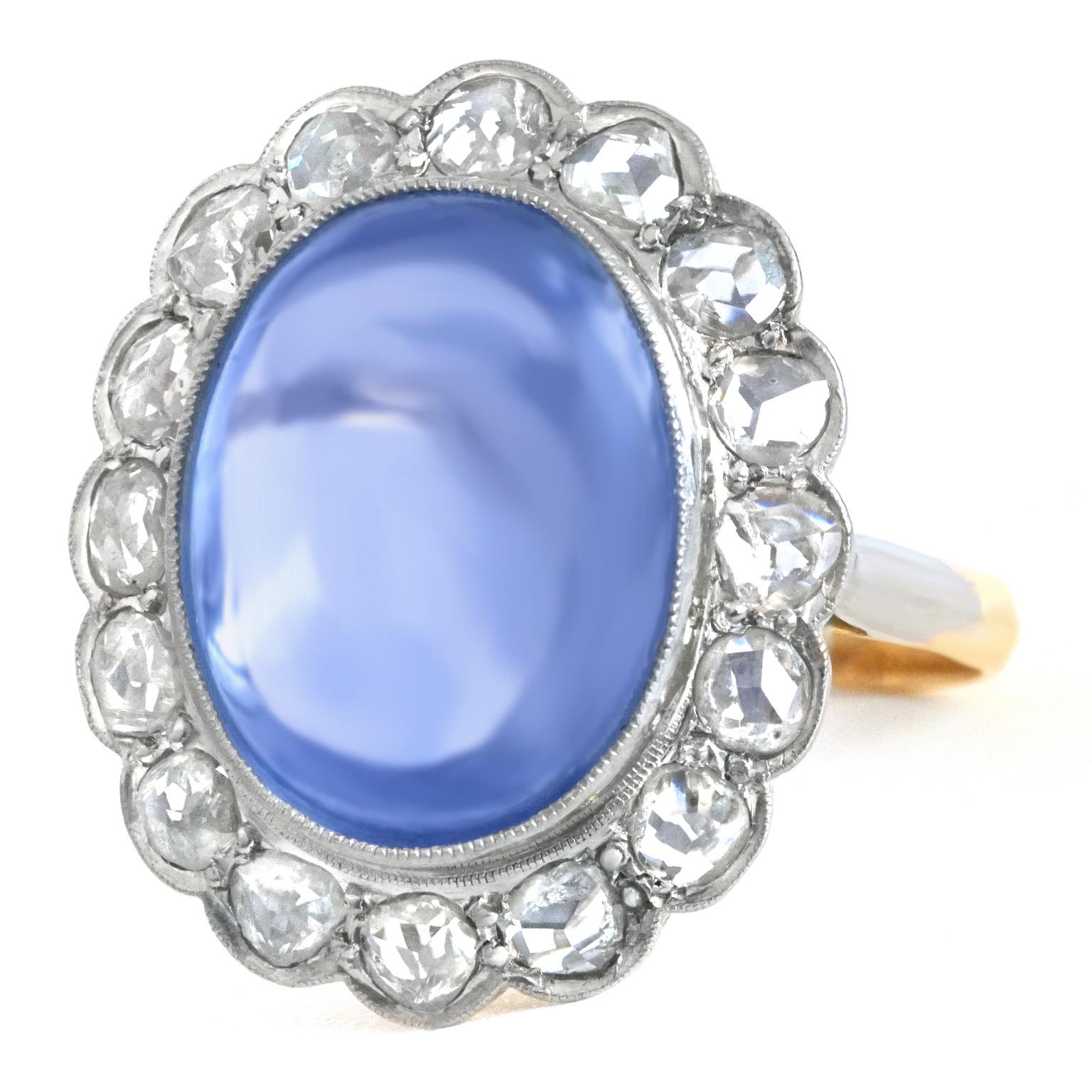 Cabochon Art Deco Gold and Platinum Ring set with a 11.92ct No Heat Ceylon Sapphire AGL 