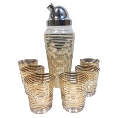 Art Deco Gold Band Cocktail Set, Cocktail Shaker and 6 Old Fashioned Glasses