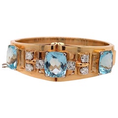 Bracelet jonc de style Art déco en aigue-marine naturelle coussin de 21 carats et diamants
