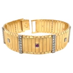 Art Deco Gold Bracelet 1 Carat Natural Colorless Diamond and Red Ruby circa 1930