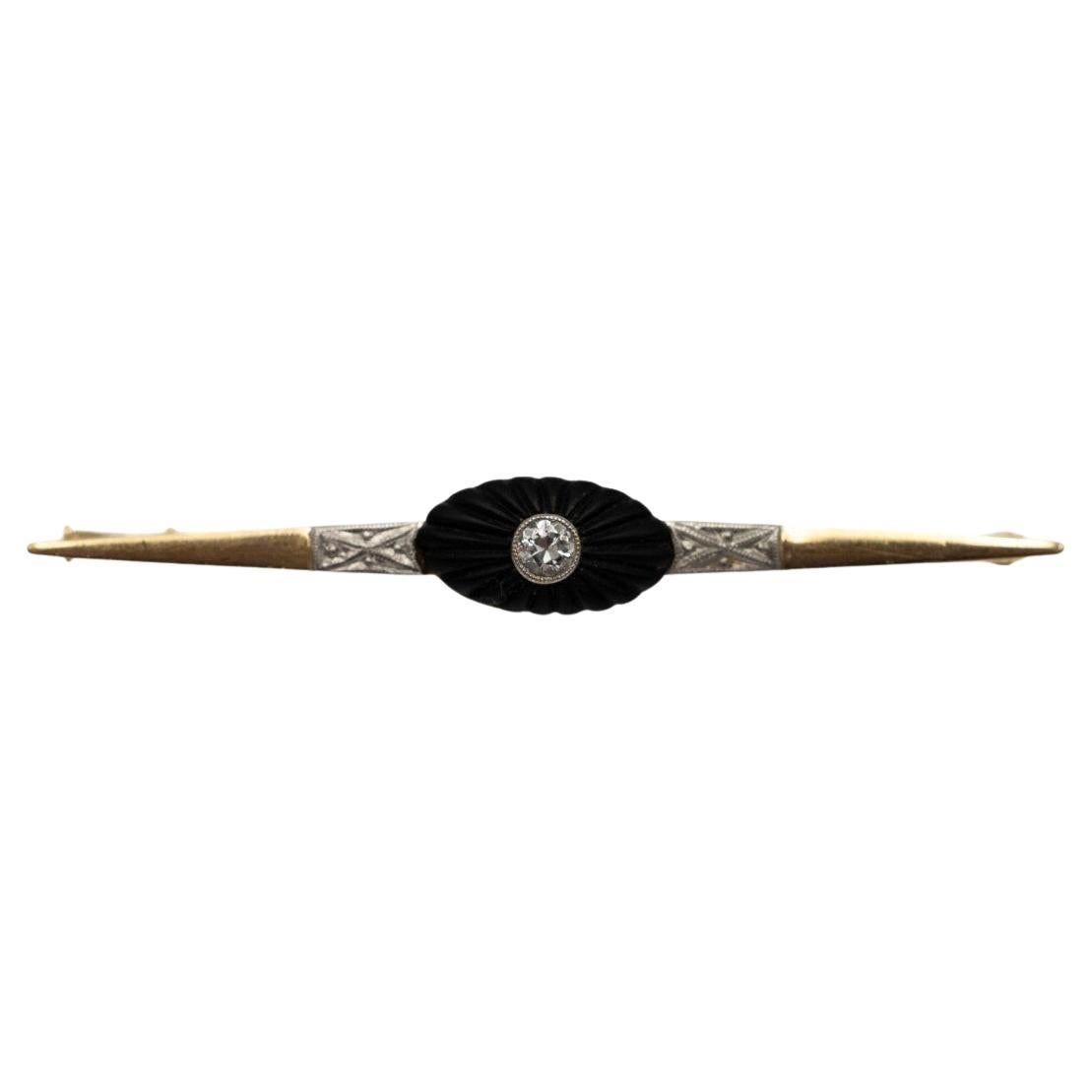 Art Deco 14k Gold Brooch with Onyx and Diamond, Circa 1920s, 0.15ct
