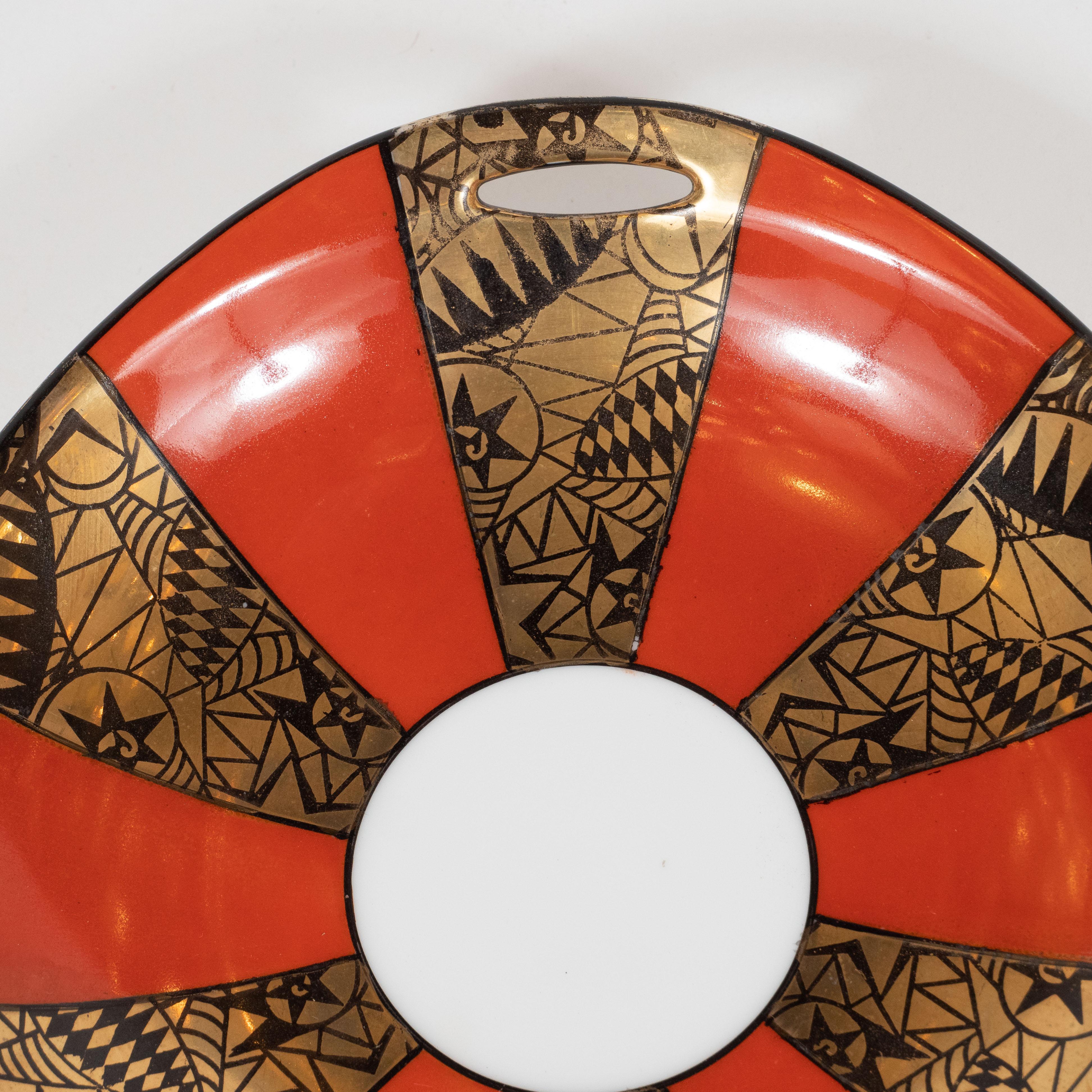 Art Deco Gold/Burnt Persimmon Porcelain Dish by Noritake with Cubist Detailing In Excellent Condition In New York, NY