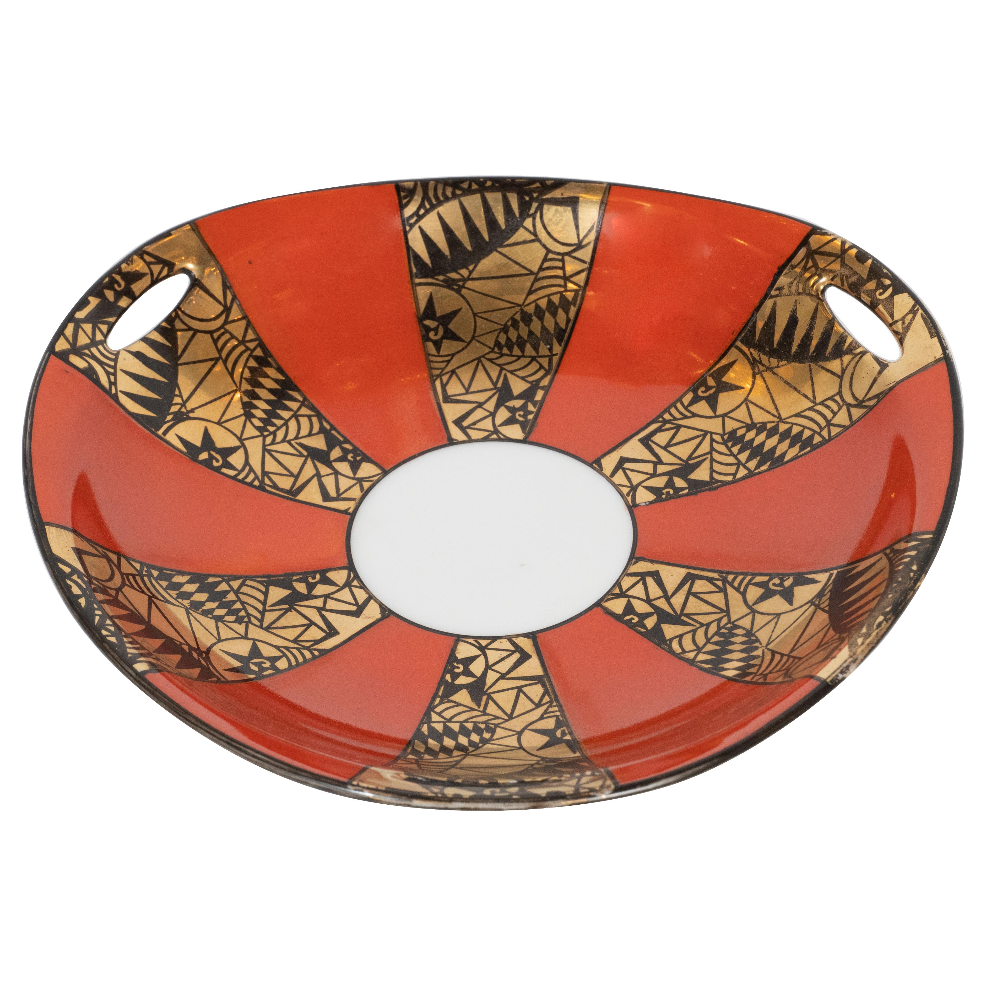 Mid-20th Century Art Deco Gold/Burnt Persimmon Porcelain Dish by Noritake with Cubist Detailing
