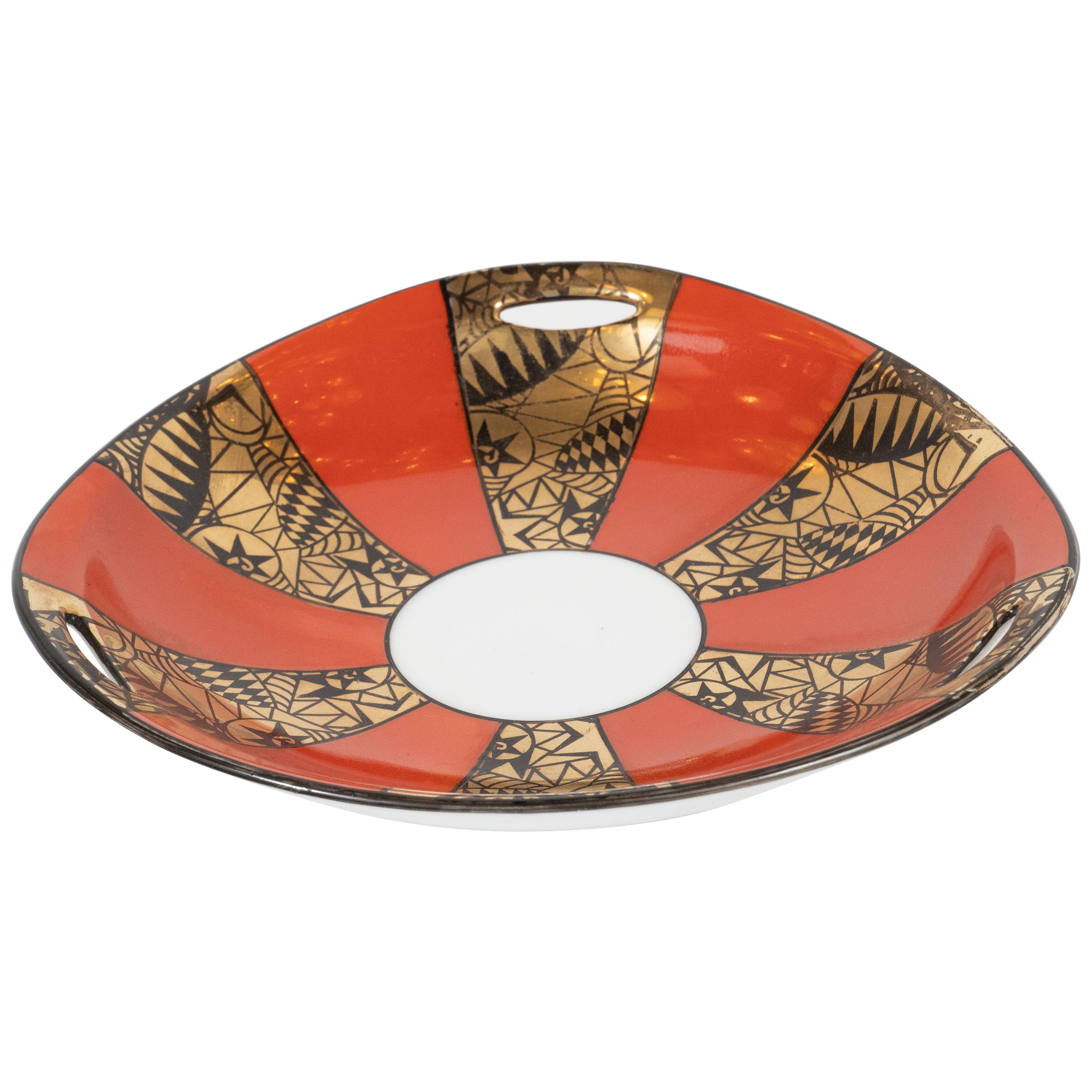 Art Deco Gold/Burnt Persimmon Porcelain Dish by Noritake with Cubist Detailing