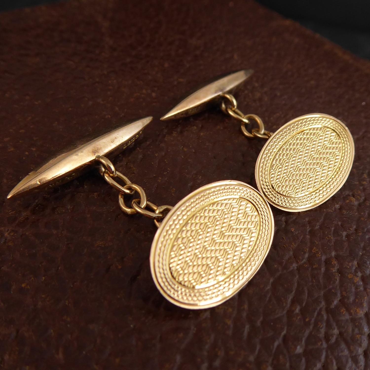 Men's Art Deco Gold Cufflinks, Engine Turned Engraving, Oval Fronts with Torpedo Backs