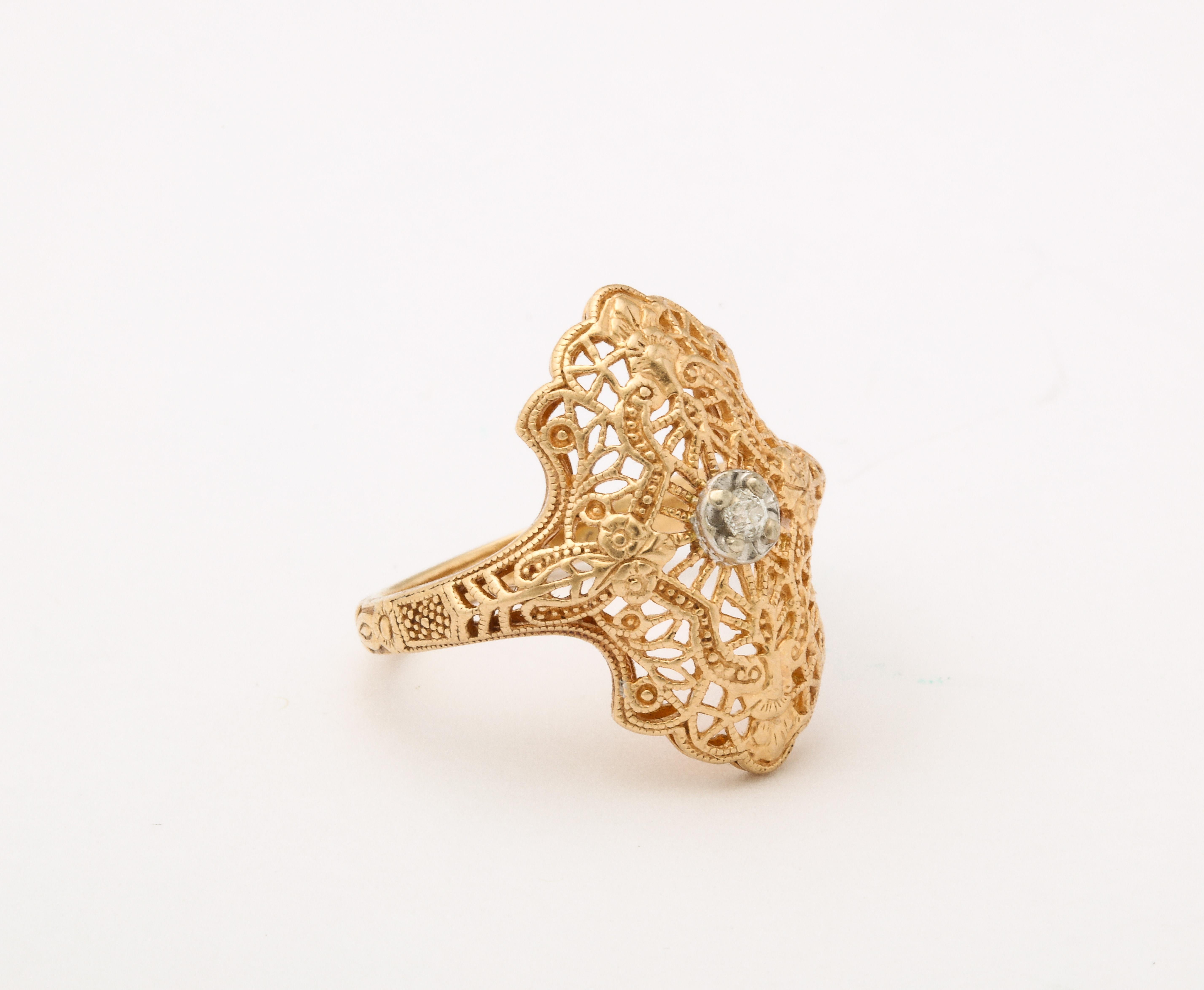 Round Cut Art Deco Gold Diamond Filigree Ring  For Sale
