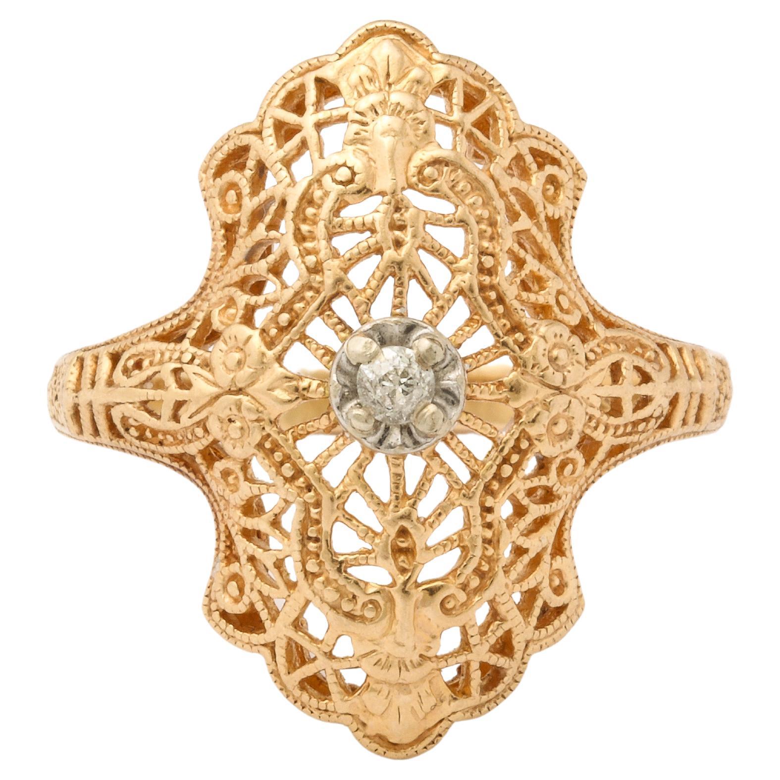Art Deco Gold Diamond Filigree Ring  For Sale