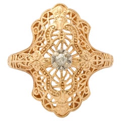 Art Deco Gold Diamond Filigree Ring 