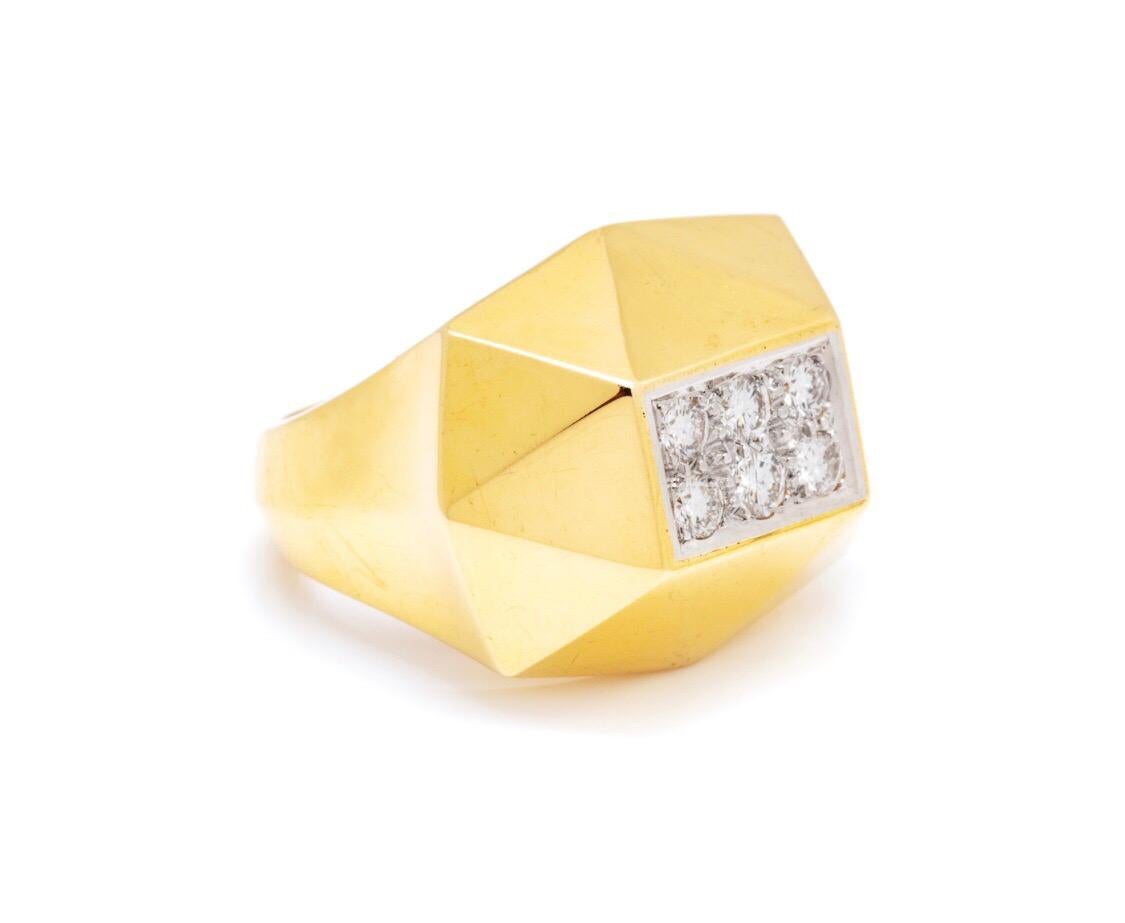 18 K Solid gold trapezoidal faceted art deco style ring with 6 round set diamonds. This ring features 0.45 carats of diamond and 13.75 grams of gold.  Size 

Can be resized upon request. 

Viewings available in our NYC showroom by appointment.