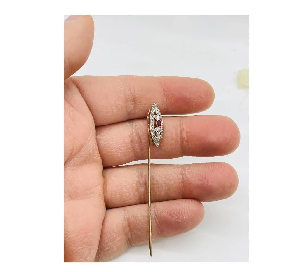 Mixed Cut Art Deco Gold Diamond Ruby Long Stickpin For Sale