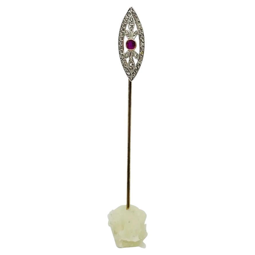 Art Deco Gold Diamond Ruby Long Stickpin