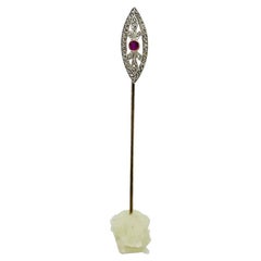 Vintage Art Deco Gold Diamond Ruby Long Stickpin
