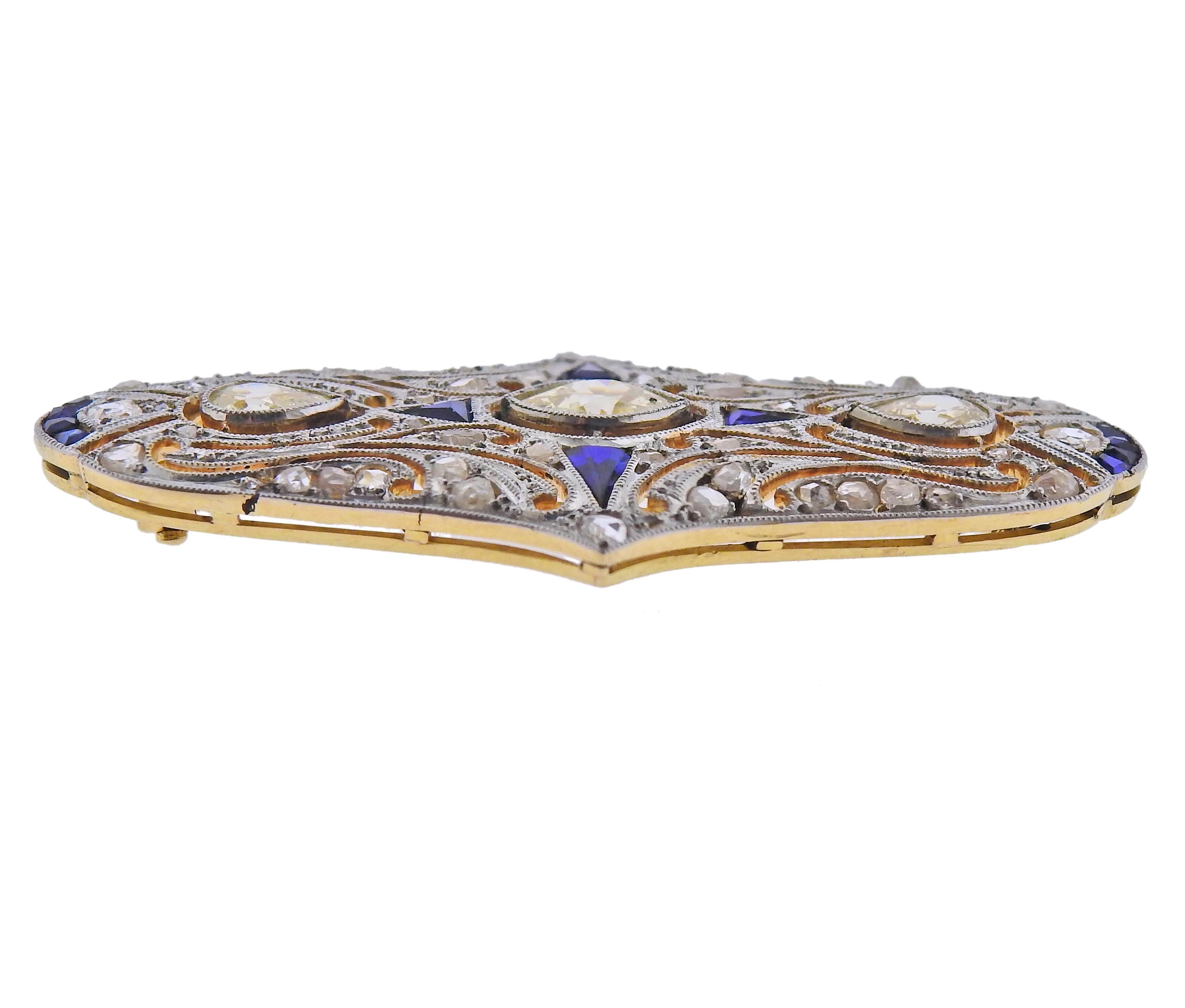 Art Deco Gold Diamant-Saphir-Brosche/Anstecknadel (Art déco) im Angebot
