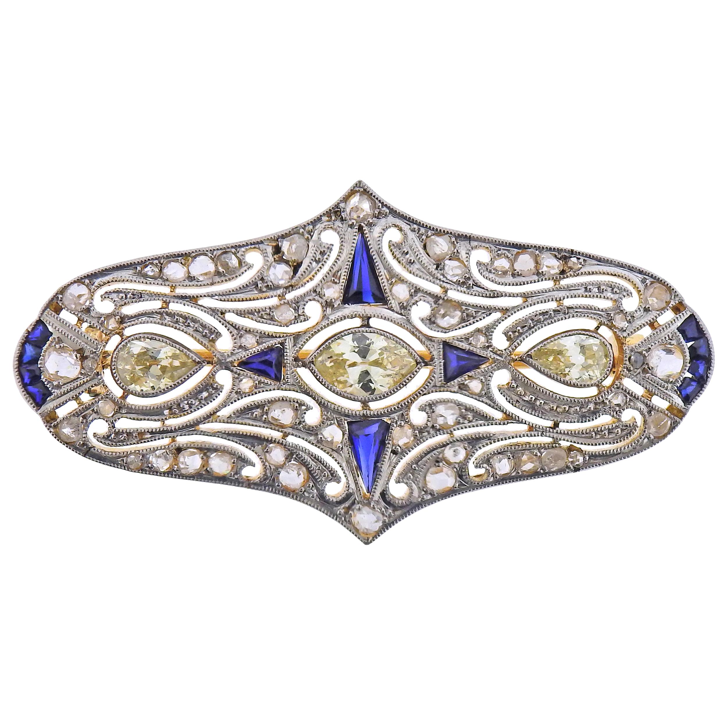 Art Deco Gold Diamond Sapphire Brooch Pin