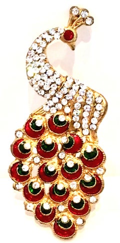 Art Deco Gold Enamel & Austrian Crystal Peacock Brooch-Necklace Pendant