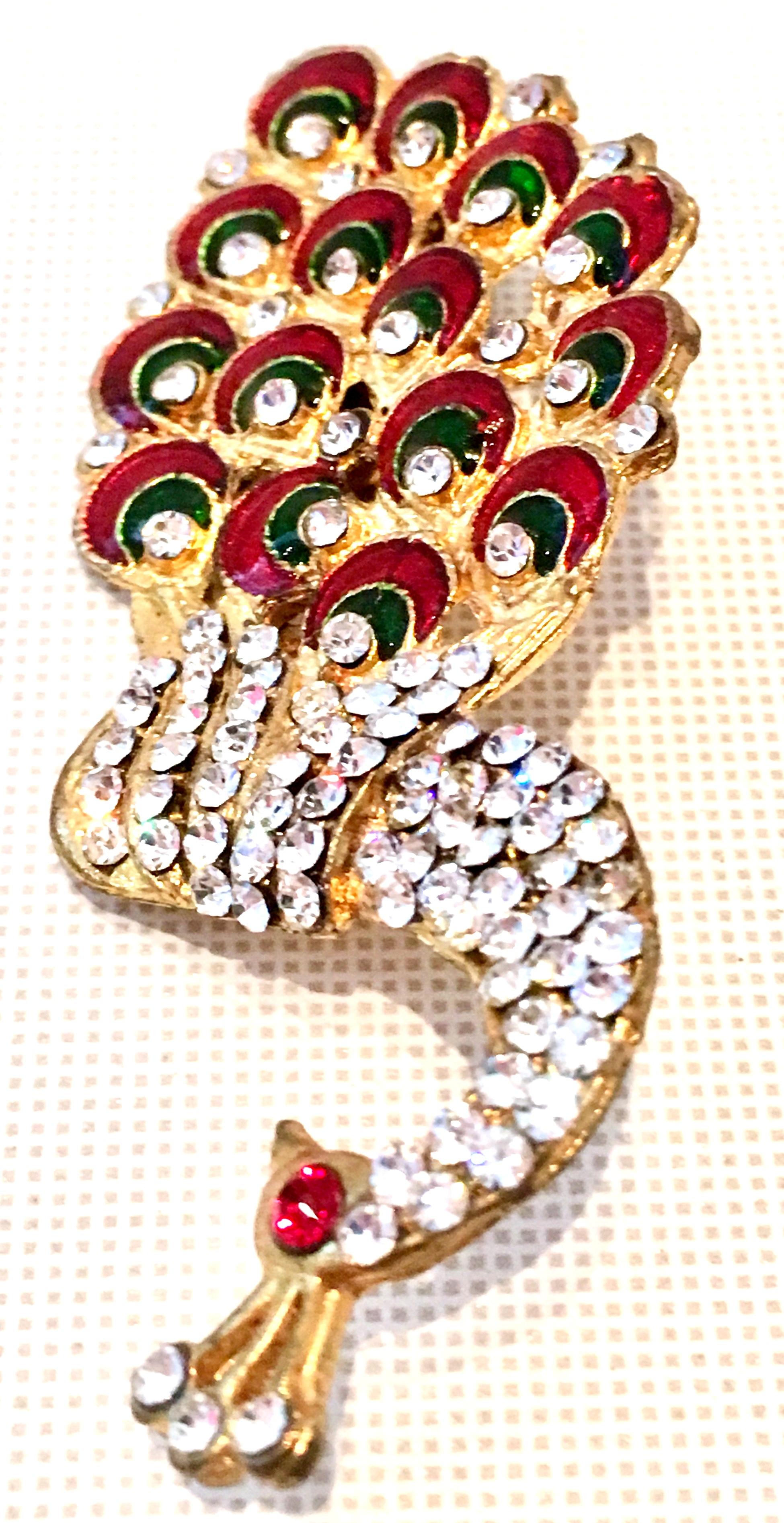 Women's or Men's Art Deco Gold Enamel & Austrian Crystal Peacock Brooch-Necklace Pendant