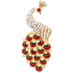 Art Deco Gold Enamel & Austrian Crystal Peacock Brooch-Necklace Pendant