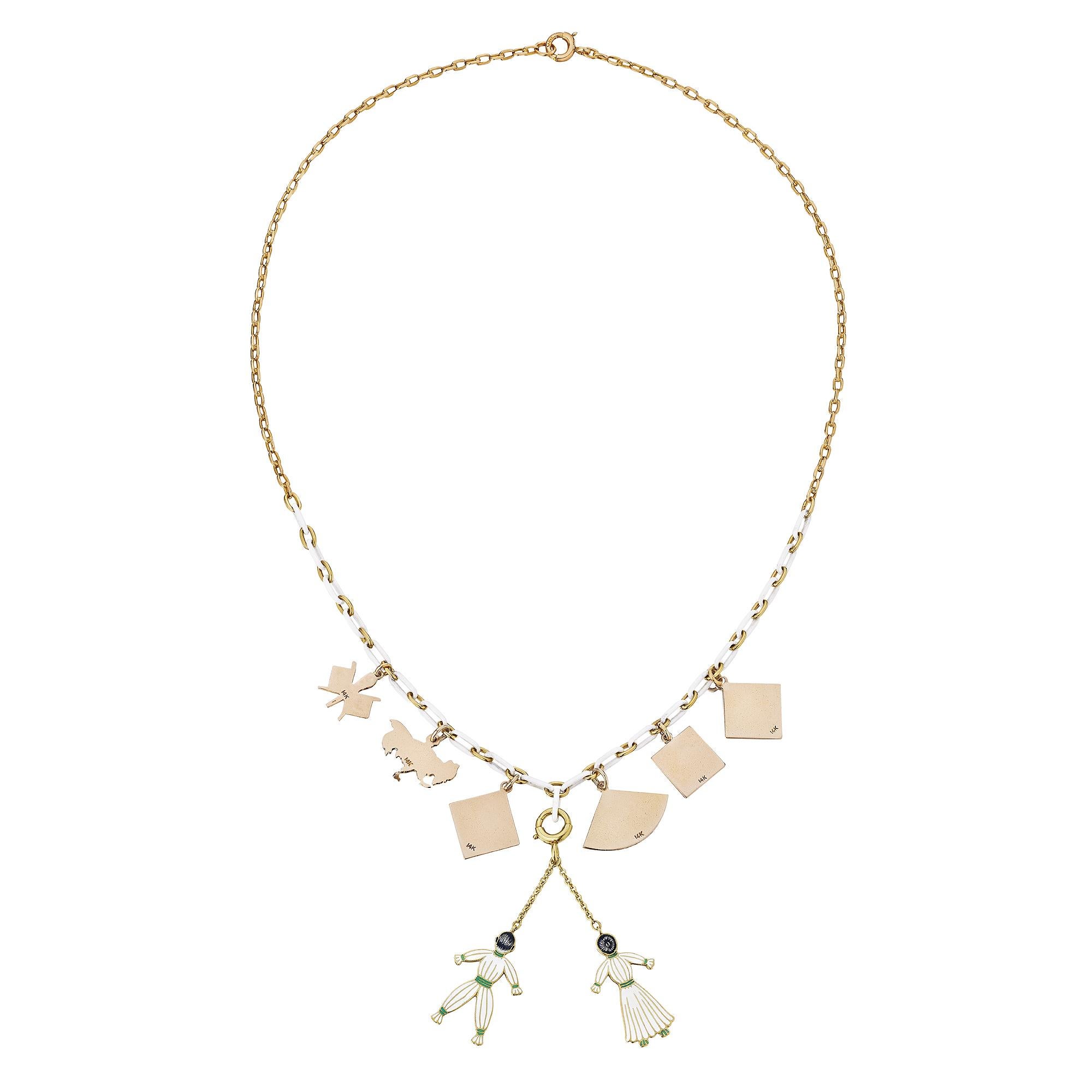 Women's Art Deco Gold Enamel Charm Necklace For Sale