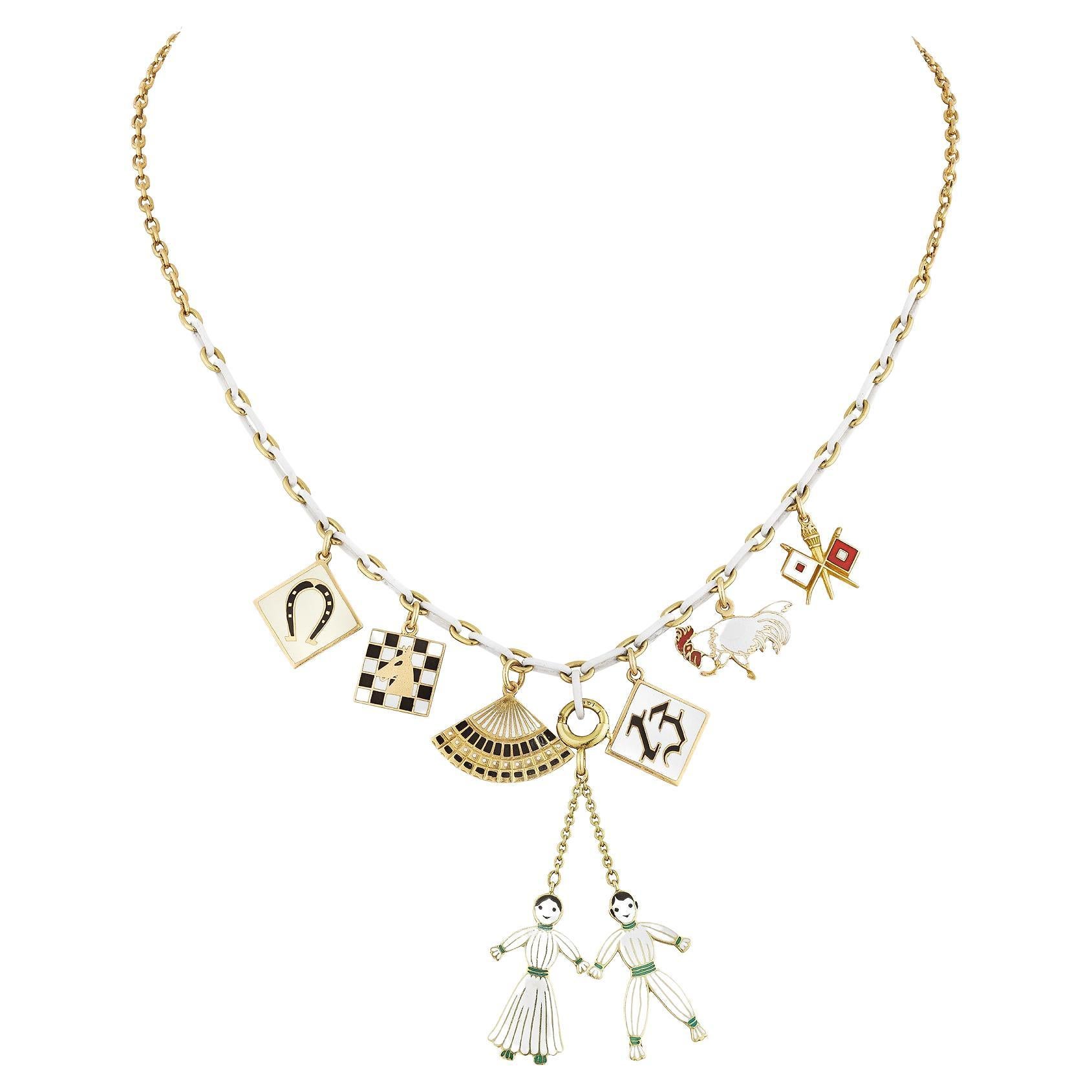 Art Deco Gold Enamel Charm Necklace For Sale