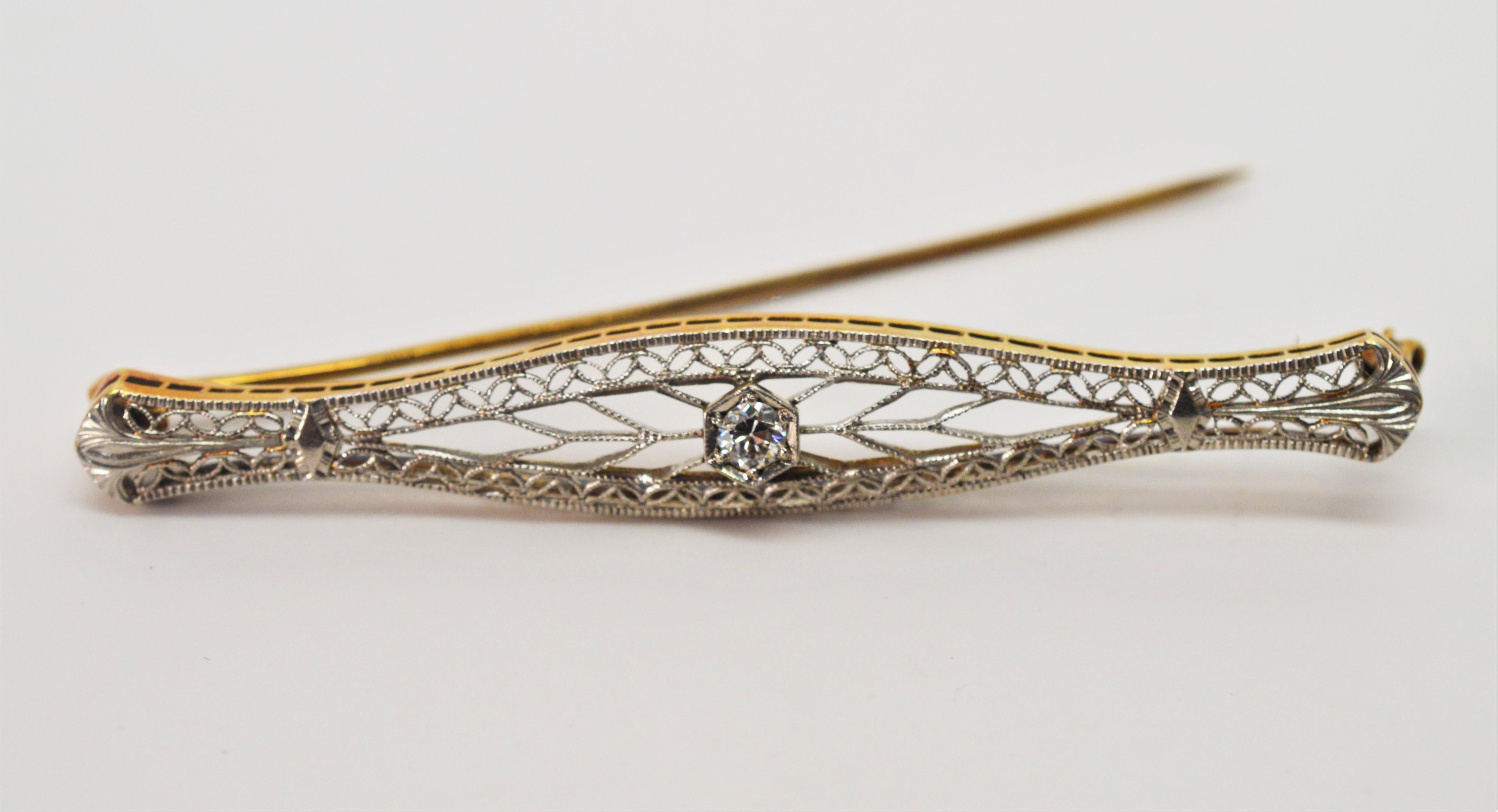 Old Mine Cut Art Deco Style Gold Filigree Bar Pin with Diamond Feature