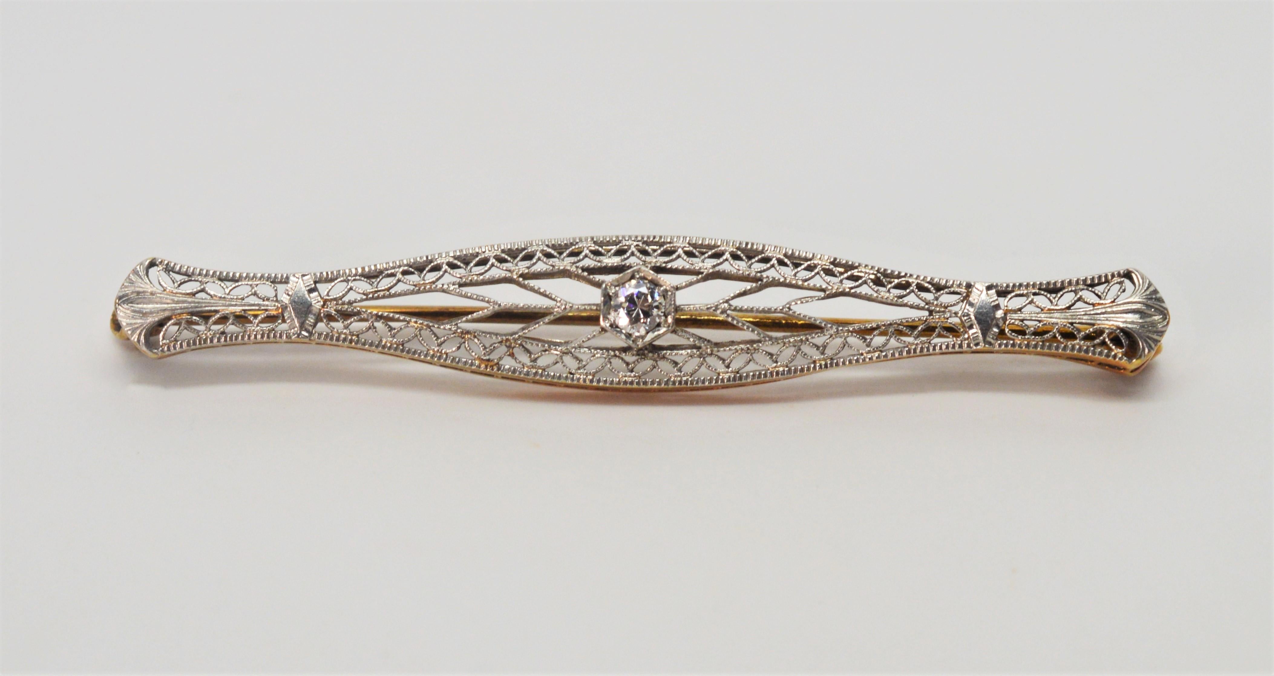 Women's Art Deco Style Gold Filigree Bar Pin with Diamond Feature