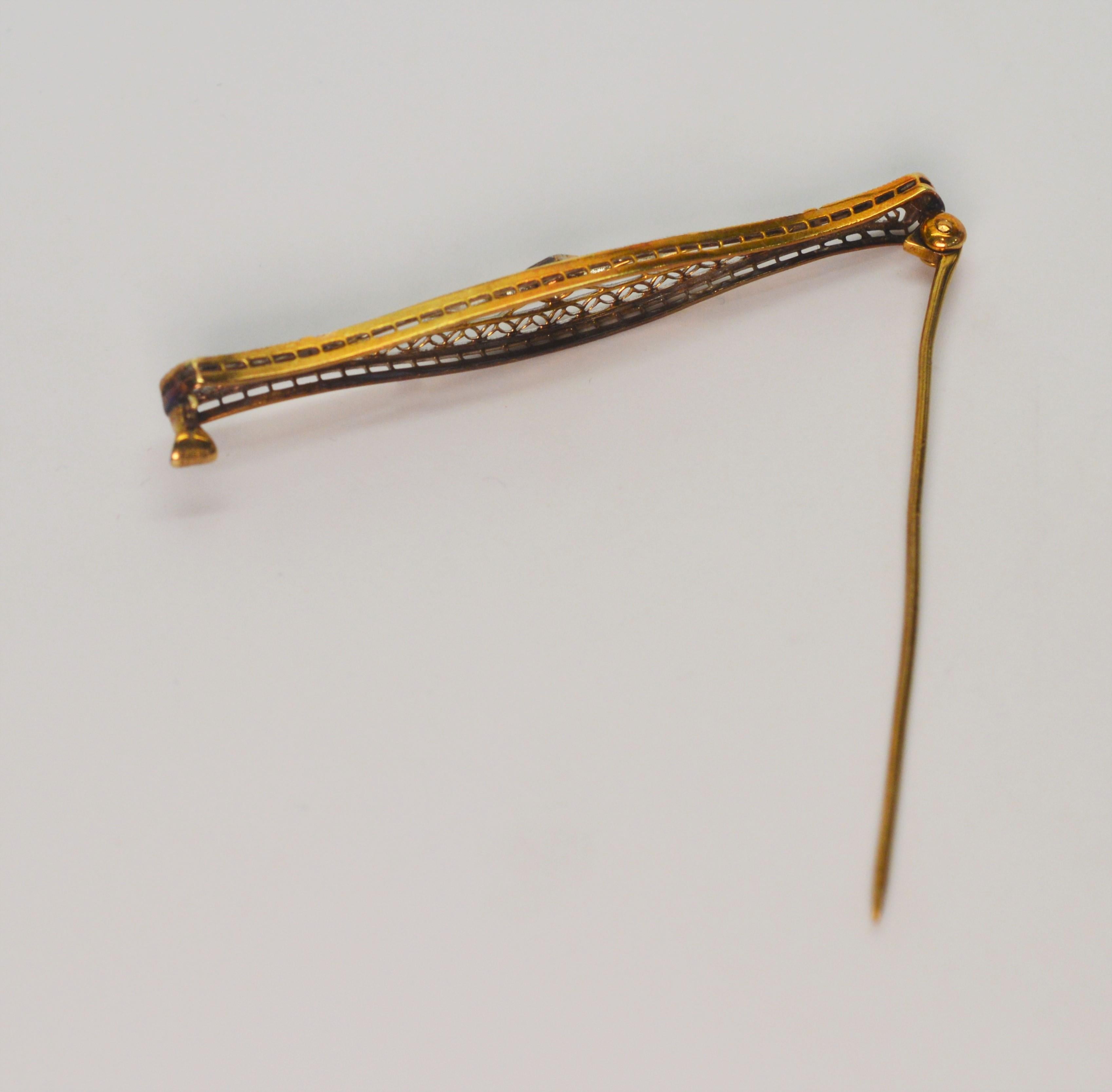 Art Deco Style Gold Filigree Bar Pin with Diamond Feature 1