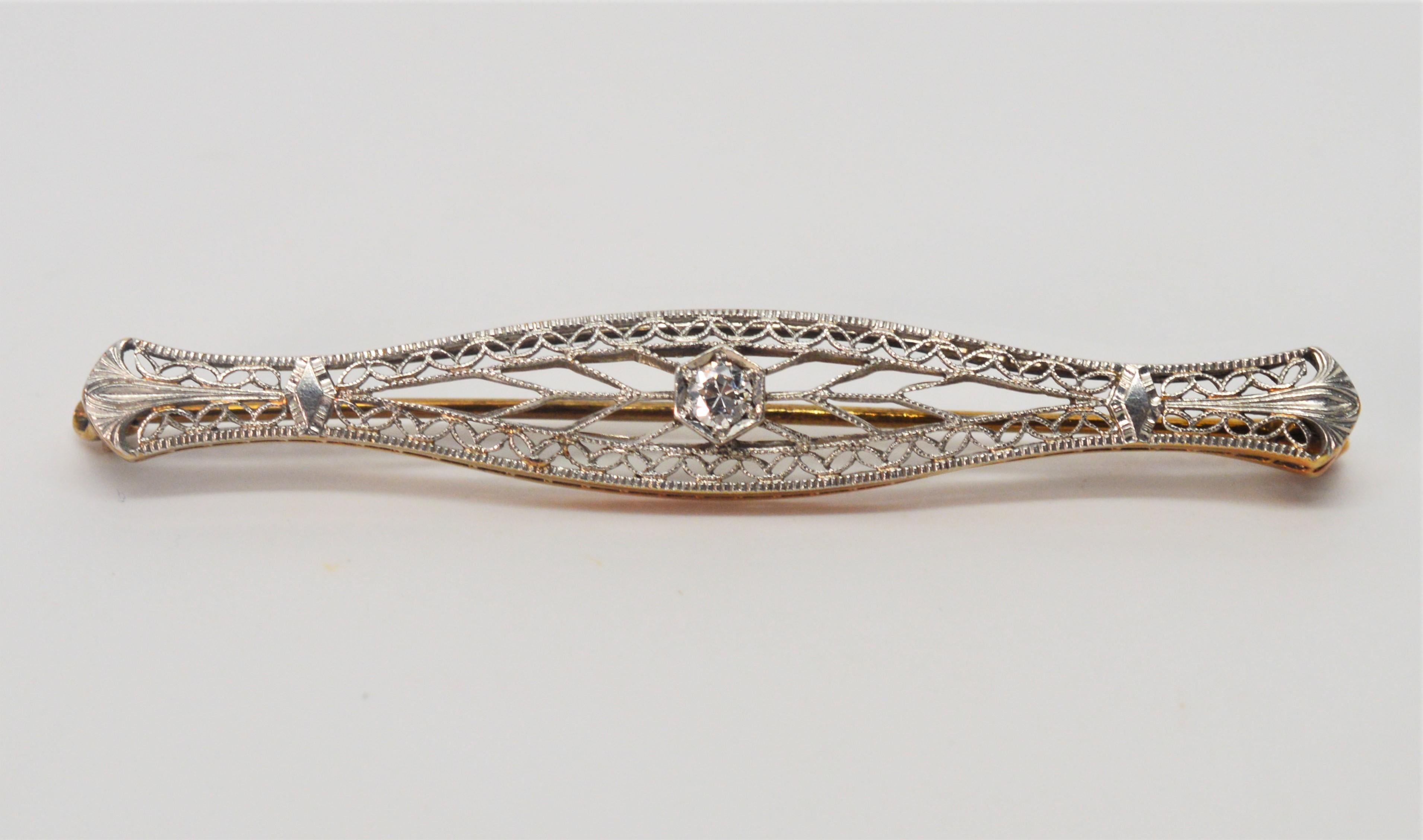 Art Deco Style Gold Filigree Bar Pin with Diamond Feature 2