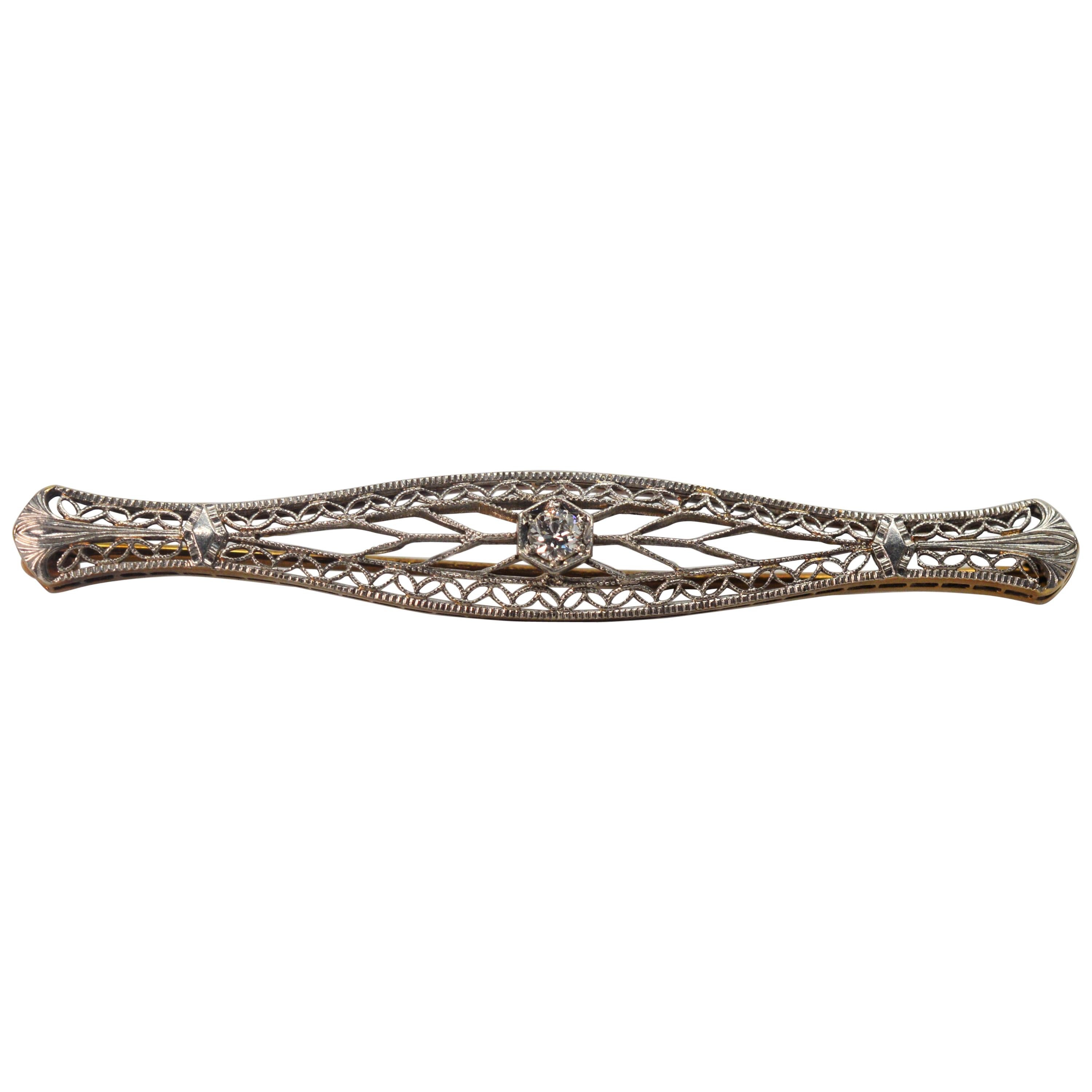 Art Deco Style Gold Filigree Bar Pin with Diamond Feature