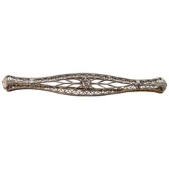 Antique Art Deco Style Gold Filigree Bar Pin with Diamond Feature
